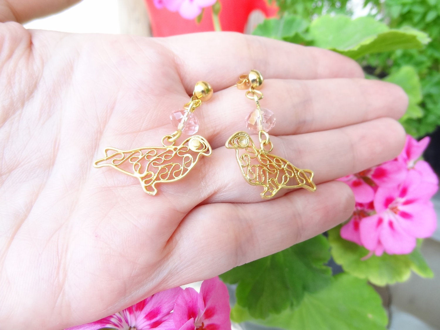 Bird Earrings-Gold Plated Earrings - Pink Crystal Earrings