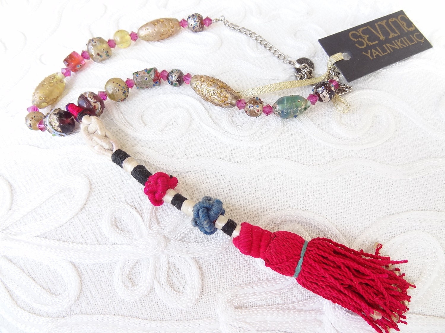Afghan Fuchsia Tassel Necklace - Handmade Glass Bead Necklace - Rosary Vintage  Necklace-Authentic, Exotic Necklace