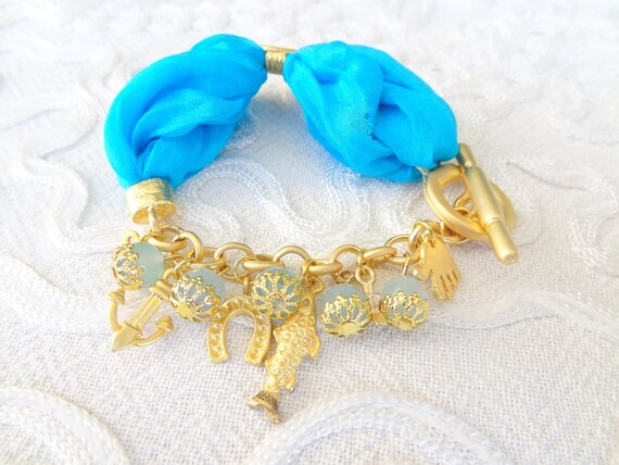 Turquoise  Turkish Silk Bracelet-Gold Plated Pisces Bracelet