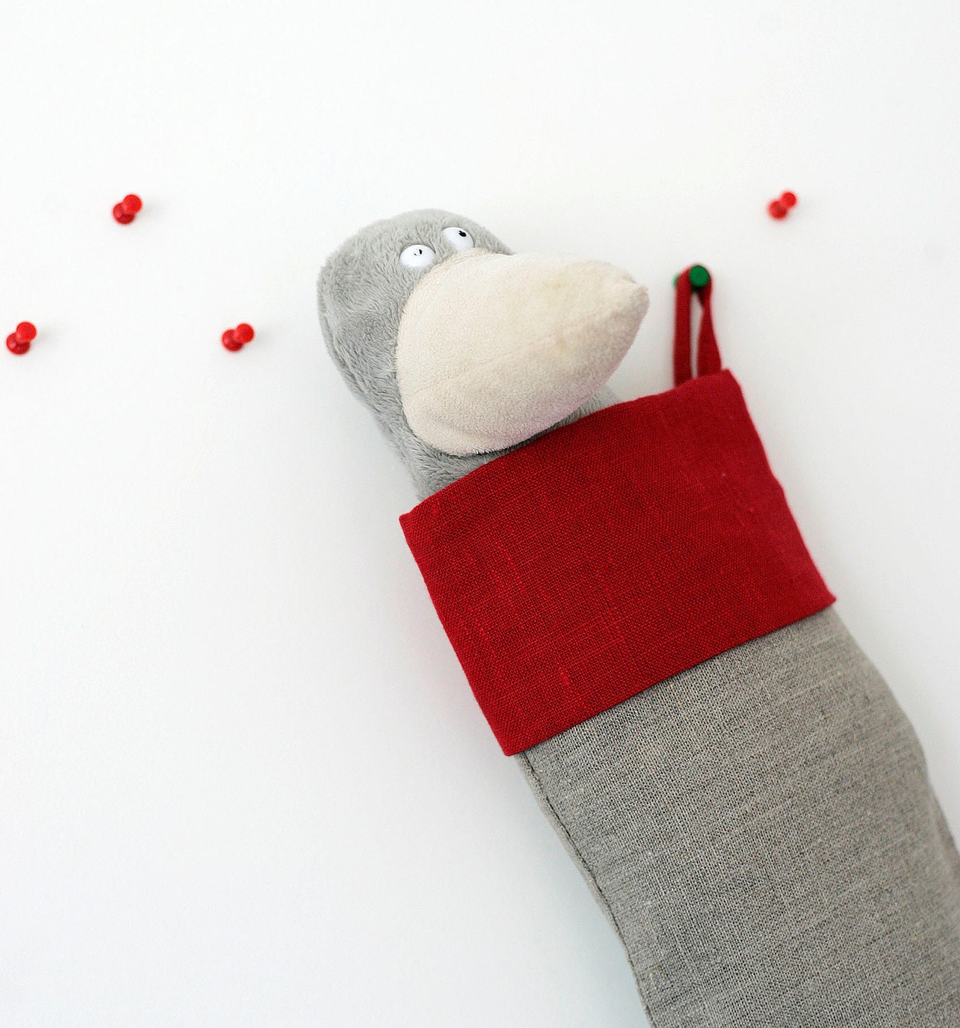 Christmas stocking - linen - gift idea for kids - holiday decor - grey with red top - pillowlink