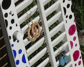 Window shutter earring/jewelry holder display organizer wall hanging white wood with polka dots upcycled and repurposed