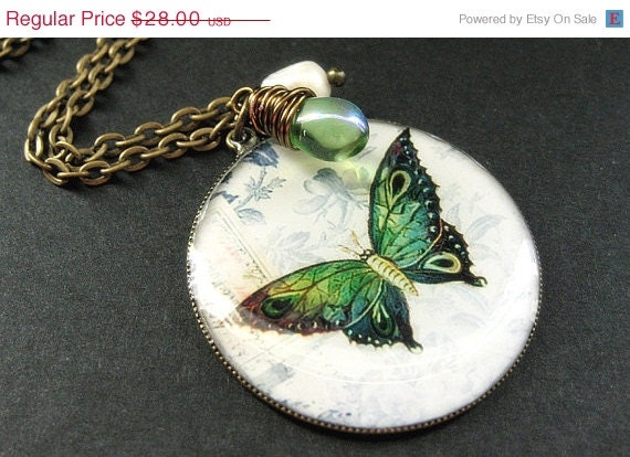 SUMMER SALE - Green Butterfly Necklace. Butterfly Pendant with Fresh Water Pearl and Green Teardrop. Handmade Jewelry.