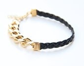 ON SALE: Arm Candy - Gold chunky chain with Black leather braid Bracelet - 24k gold plated