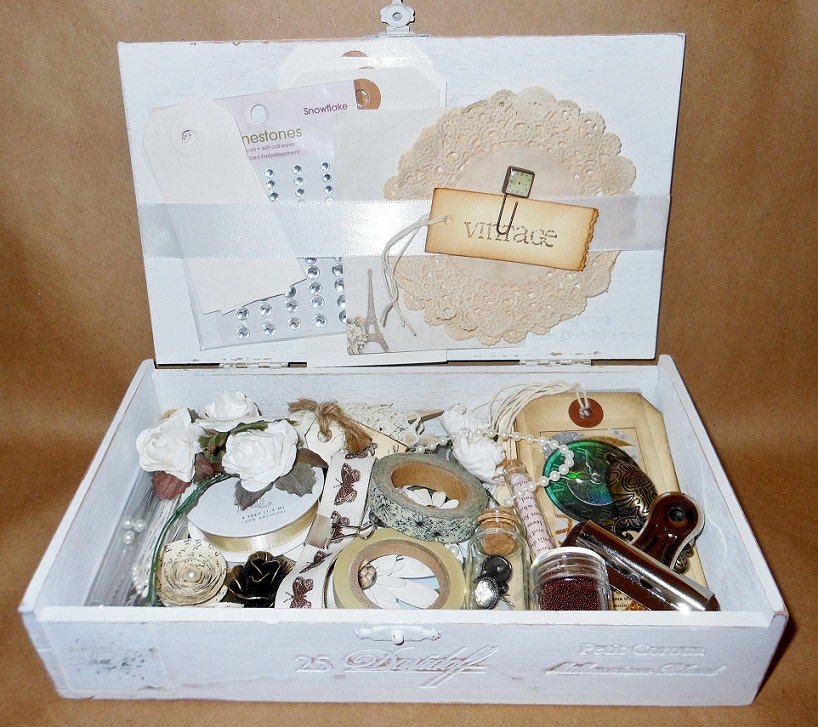 Vintage Embellishment Kit In White Distressed Cigar Box For Smash Book, Scrapbooking, Memoirs, Wedding - crystawilliamdesigns