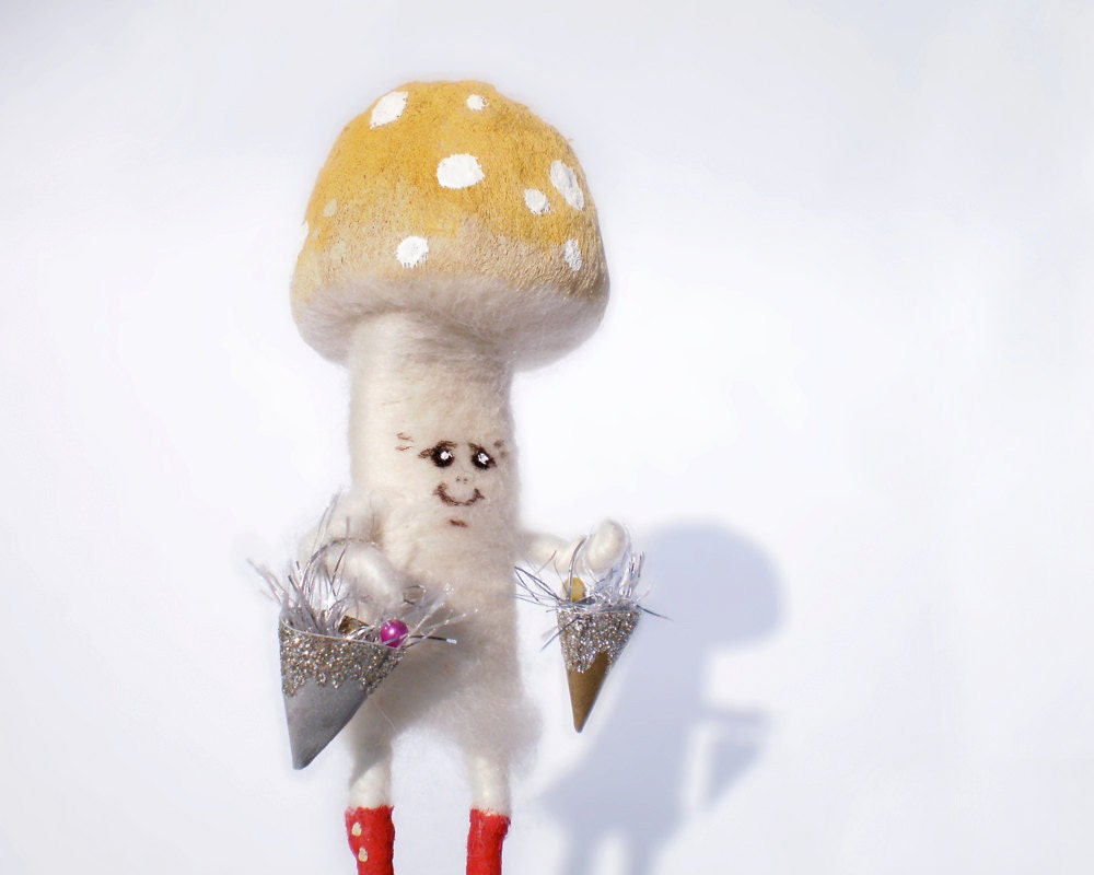 Lady Mushroom with yellow mustard hat and red boots - needle felted - acrylic accents