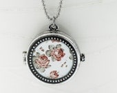 Photo Locket Personalized Photo Locket Antiqued Roses Locket Silver Beaded Edge Locket