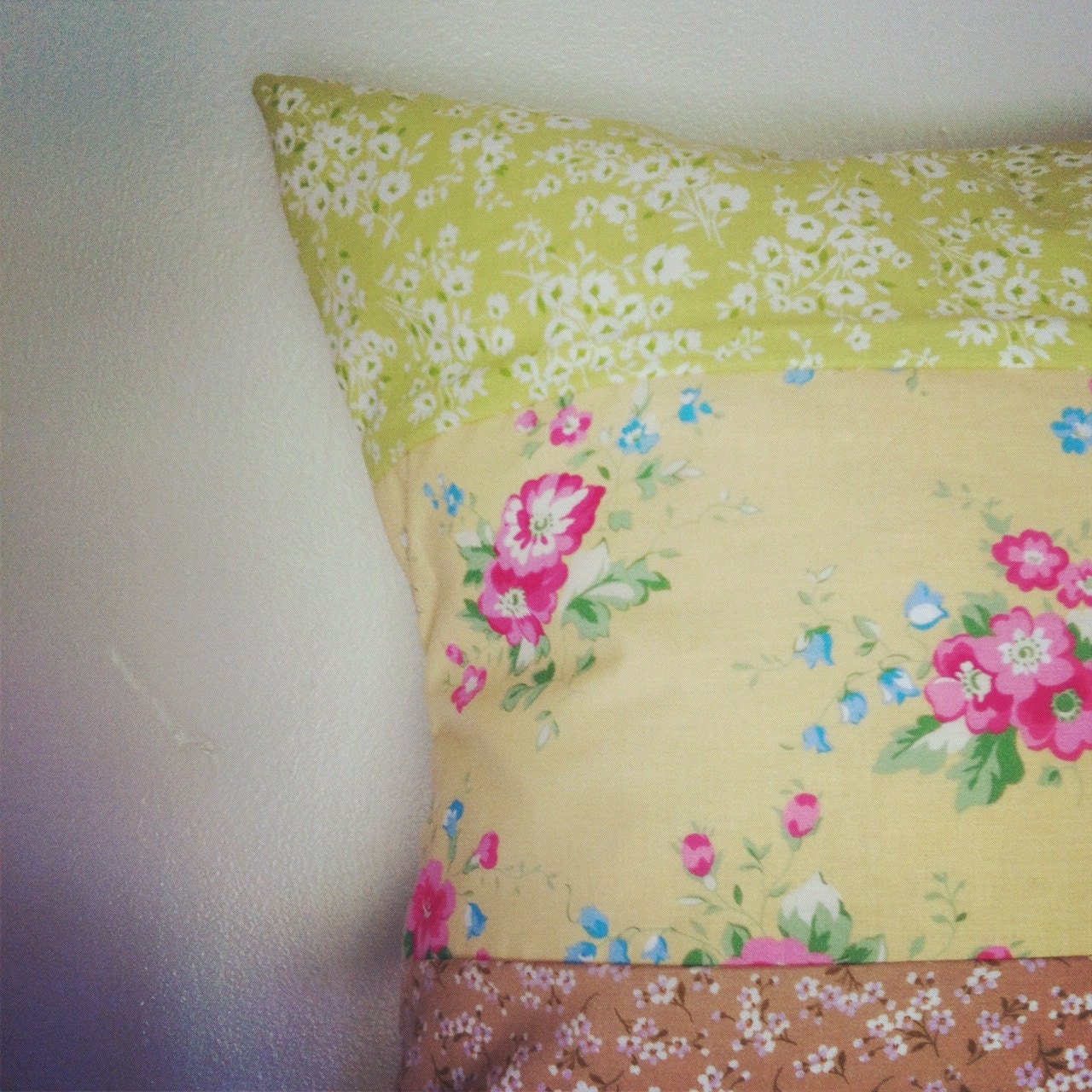 Cottage Chic decorative pillow cover, floral, spring, greens, browns, purple, pink yellow, 18x18 inches