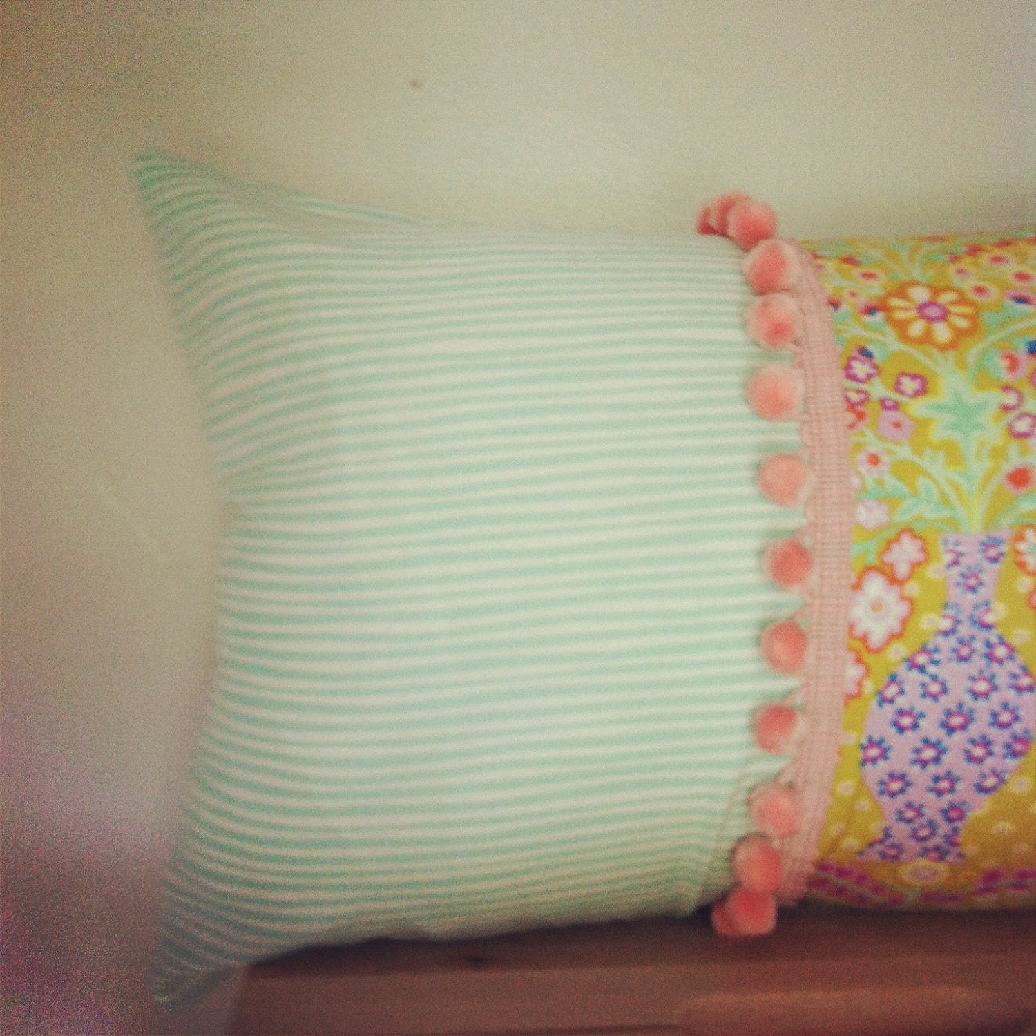 Pastel floral pillow cover, pink gimp, yellow, blue and white stripes, 12x18 inches