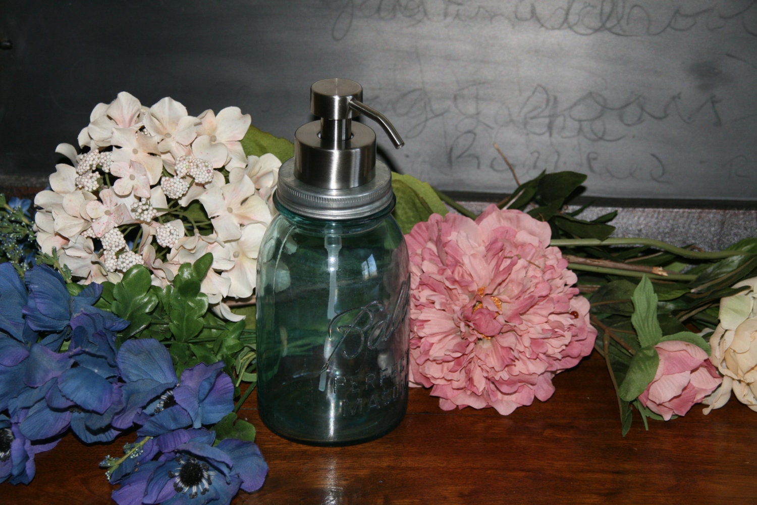 Mason Jar Foaming Soap Dispenser with Jumbo Stainless Foamer Pump - Blue Quart Jar Lotion Bottle - Mason Jar Foamer Dispenser