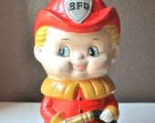 Adorable 1950s Vintage Chalkware Ceramic Little Boy Fireman Bank "BFD"