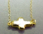 Pearl Sideways Cross Necklace Cross edged in 24k gold on gold fill chain