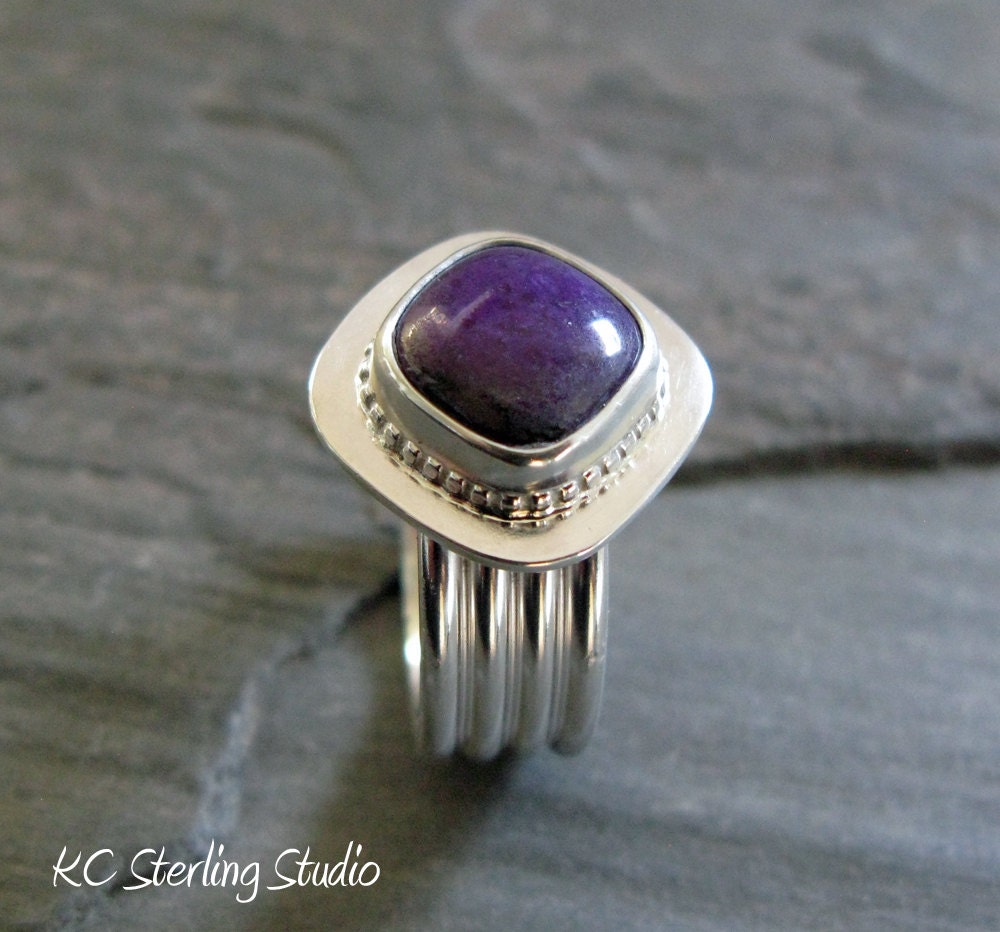 Natural deep purple jelly sugilite and sterling silver silversmith - metalsmith ring
