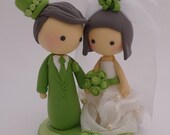 Vintage Green Wedding Cake topper, Wedding clay doll, Wedding decoration, engagement party
