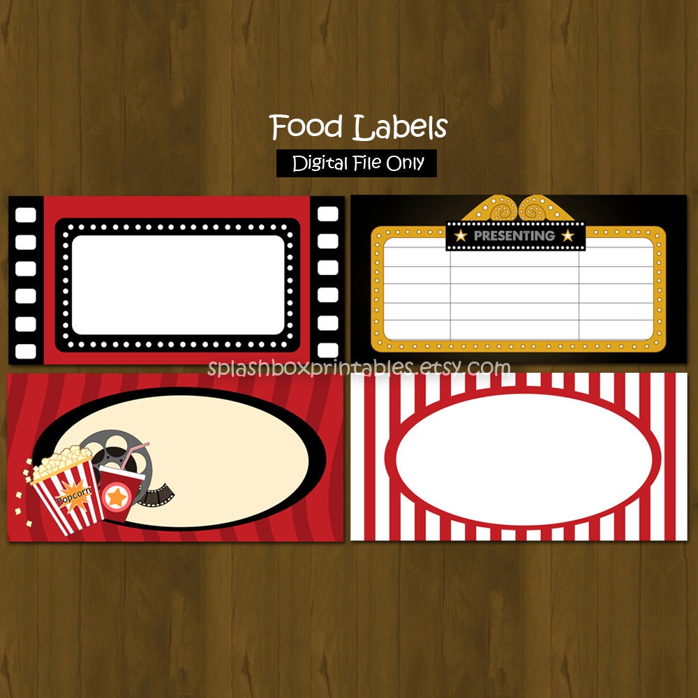 Movie Night Birthday Party Printable Food Labels or Place Cards - INSTANT DOWNLOAD