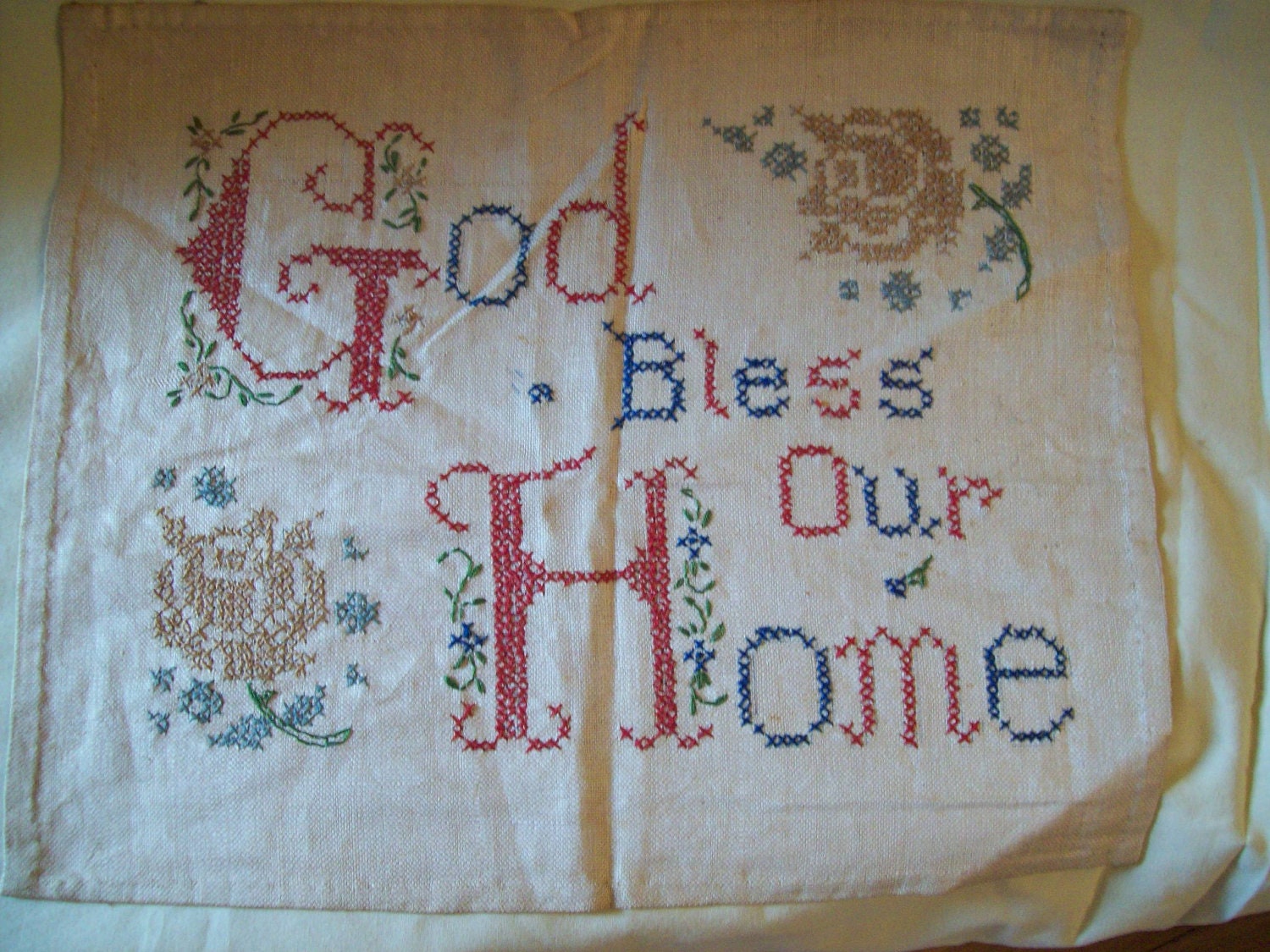 Cross Stitch Sampler God Bless Our Home. by outoftheblueantiques