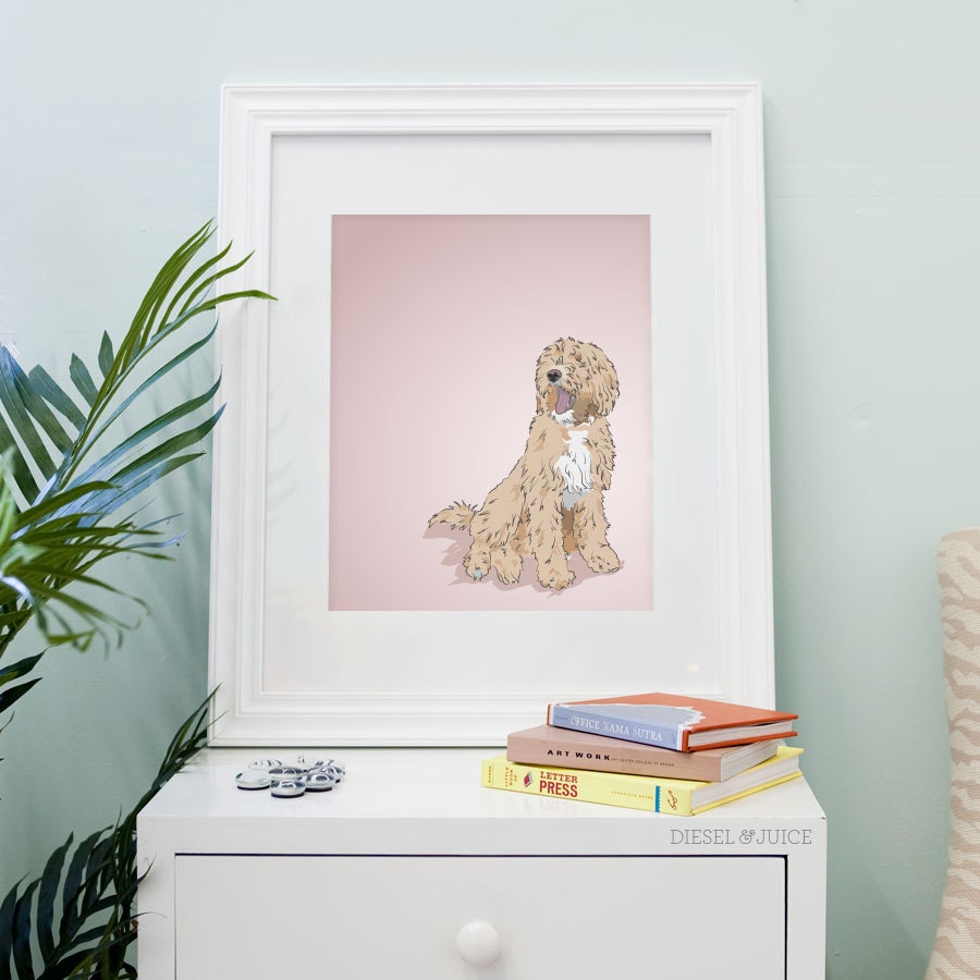 Labradoodle Dog Portrait - Pink Illustrated Print - 8 x 10