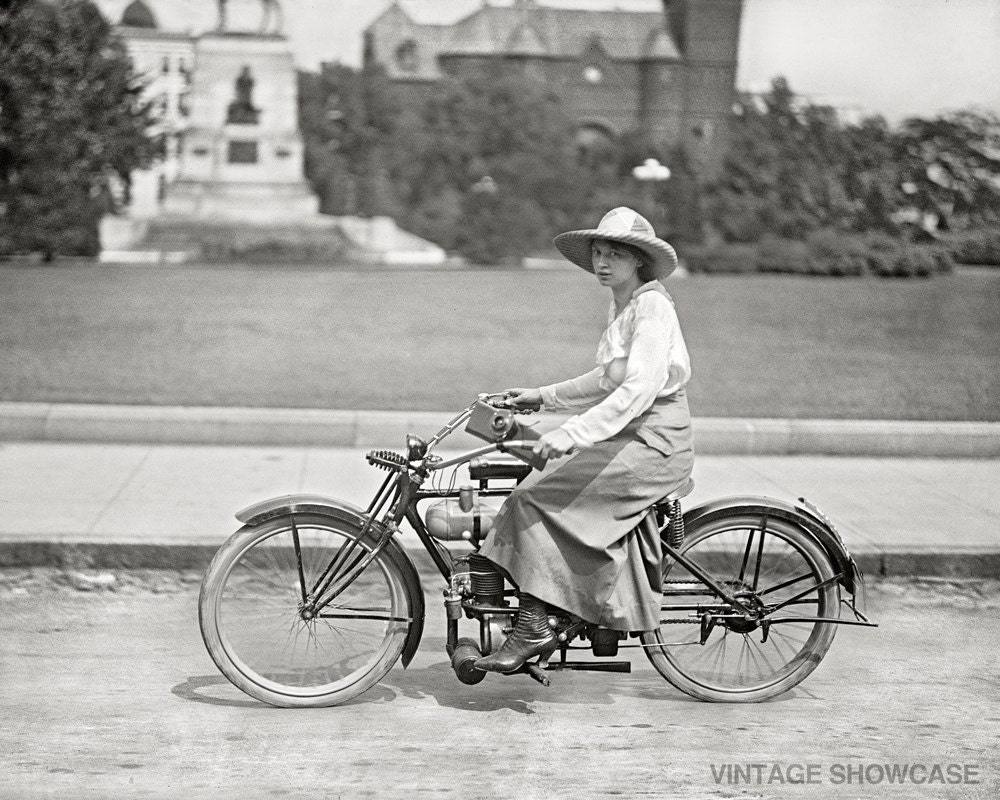 Woman on Motorized Bicycle - Old Photo (8x10)