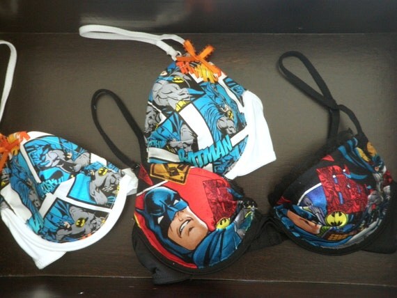 BATMAN DAY or (K)NIGHT Push-Up Bra Set: Black and White 2 Bra Set with Batman Comics Fabric