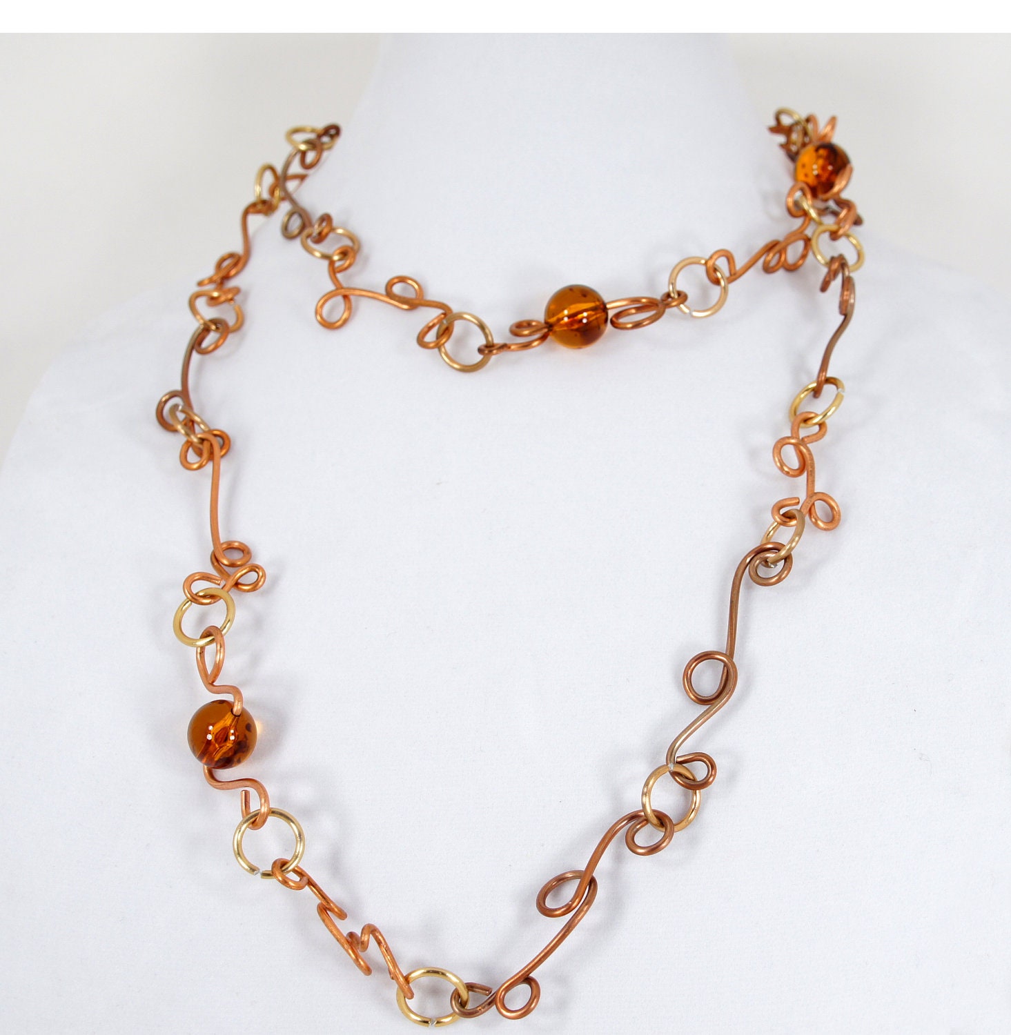 Women's Copper Link Belt and Necklace with Three Beads 1302