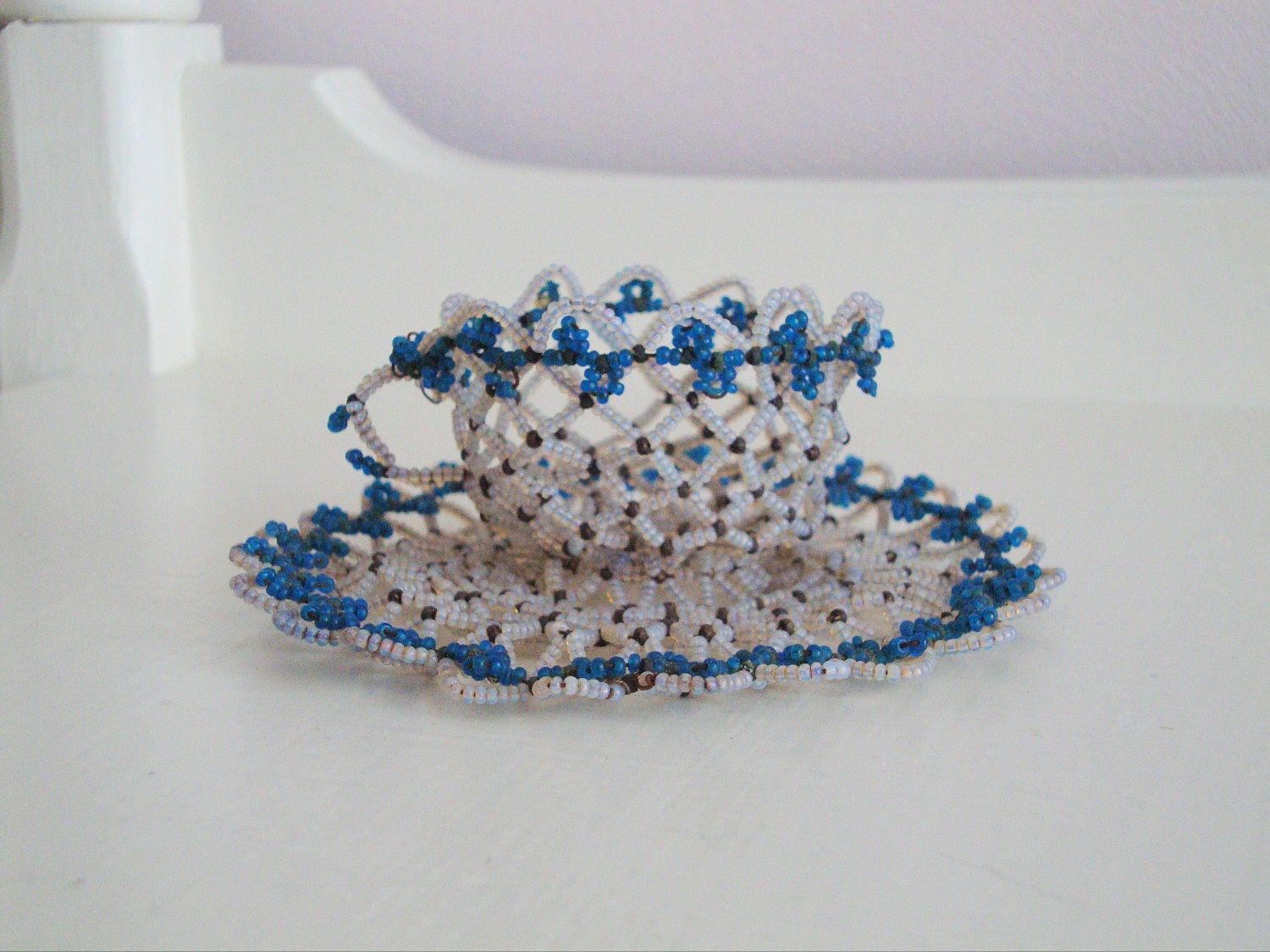 Vintage vintage blue Tea White cups BEADED Beads Blue tea Cup by IWANTVINTAGE GLASS
