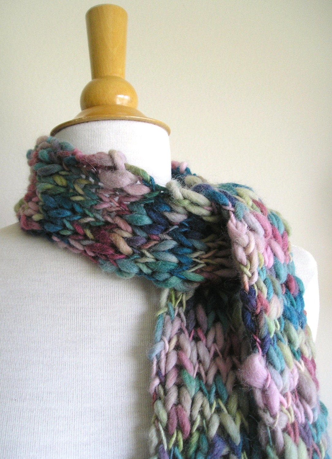 Clarissa Scarf - Chunky Wool - Long Skinny Scarf - Pinks with Blue and Green and Teal - MoonandSixpenceKnits