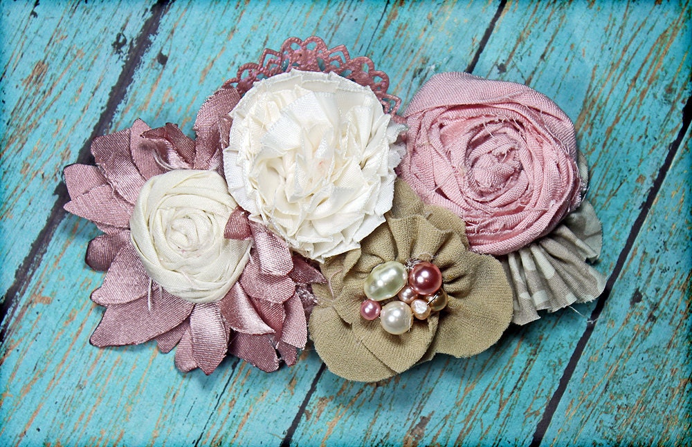 Dusty Rose, Mauve Pink, Tan, Ivory Headband, Cream Hair Accessory, Fabric Flowers, Hair Accessories, Baby Hair Bow, Fabric Flower Brooch