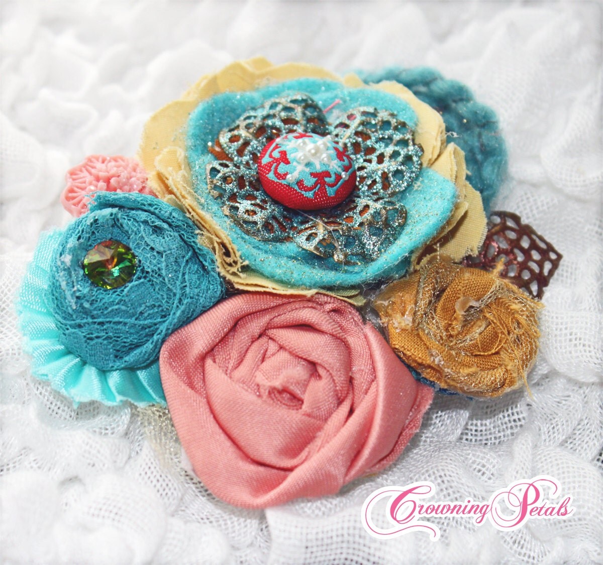 Mustard, Coral, Turquoise Hair Accessory, Headband, Fabric Flower Brooch, Baby Flower Headband, Clip, Fabric Flowers Hair Piece