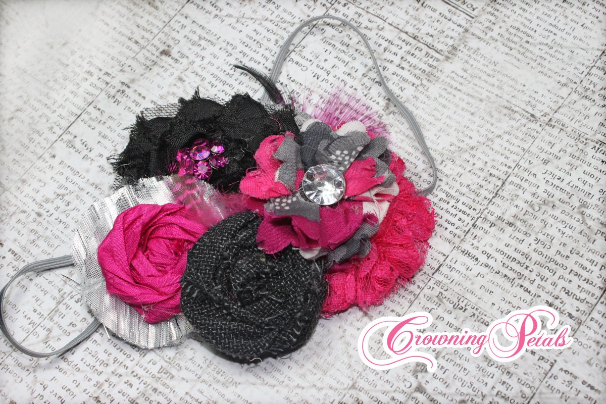 Fuschia, Black, Silver Headband, Baby Girl' Hair Bow, Dark Pink, Magenta Fabric Flower Hair Accessory, Floral Hair Piece, Flower Brooch