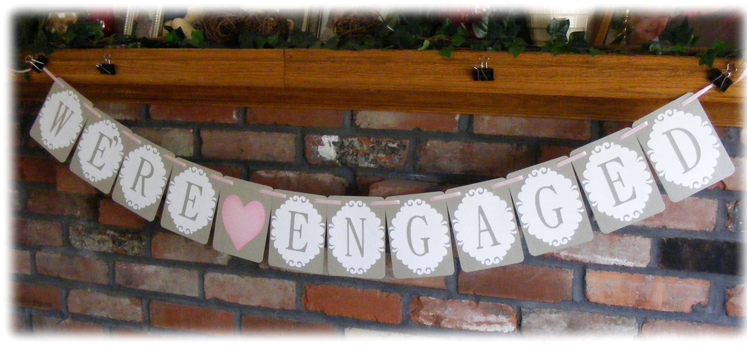 Victorian Engagement Banner  Garland or photo prop with 3D flowers - WE'RE ENGAGED- with a victorian flair in sliver and white