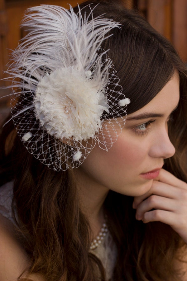 Ivory Ostrich Feather Birdcage Veil Fascinator Headpiece with Freshwater Pearls and Crystals