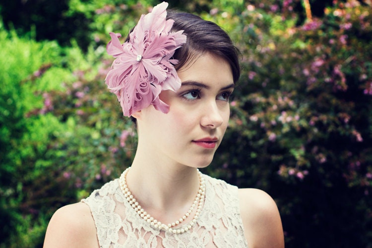 Ombre Rose Pink Feather Art Deco Fascinator Headpiece with Swarovski Crystal Center