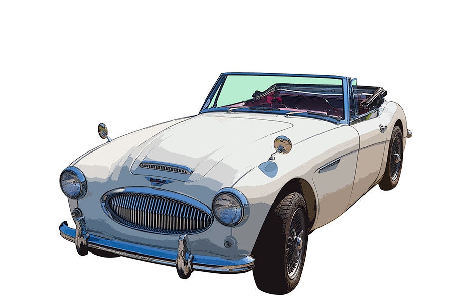White Austin Healey 300 Convertible Poster Print Digital Illustration Classic Sports Car