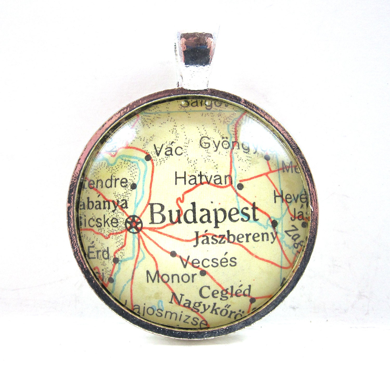 Budapest, Hungary, Pendant from Vintage Map, in Glass Tile Circle