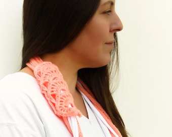 Pale pink white upcycled crochet scarf, lace, loop scarf  chain necklace, infinity scarf, neck wrap, lace