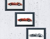 Set of 3 plus 1 for FREE, Vintage Racing Car Collection, Pen, Colored, Mosaic, Handmade Sketch Print, Home Nursery Decor, Gift, 8.3x11.7in