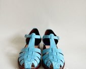 Vintage Style Old School Handstitched Blue All-Leather Shoes/ Boyfriend sandals