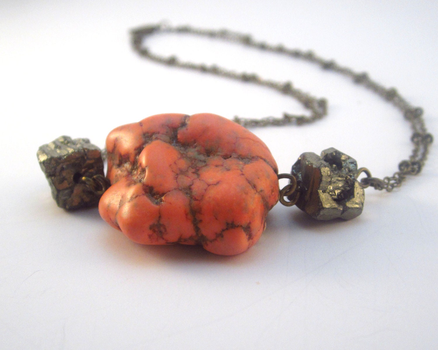 Bib Necklace with Turquoise and Pyrite Stone Vintage Chain Christmas Holiday 2012 Free Shipping