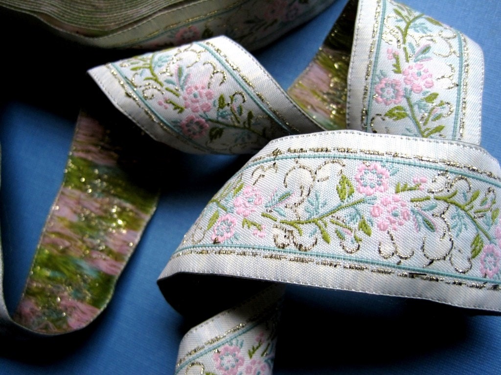 Jacquard Embroidered Ribbon, White / Pink / Gold / Moss / Sage, 1 1/4 inch wide, 1 yard, For Home Decor, Accessories, Apparel