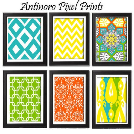 Home Decor Vintage / Modern inspired Art Prints Collection -Set of 6 - 8x11 Prints  - Turquoise Chartreuse Yellow Orange  (UNFRAMED)