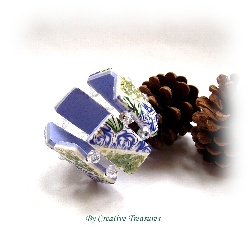 Blue Rose Polymer Clay Tile Bracelet