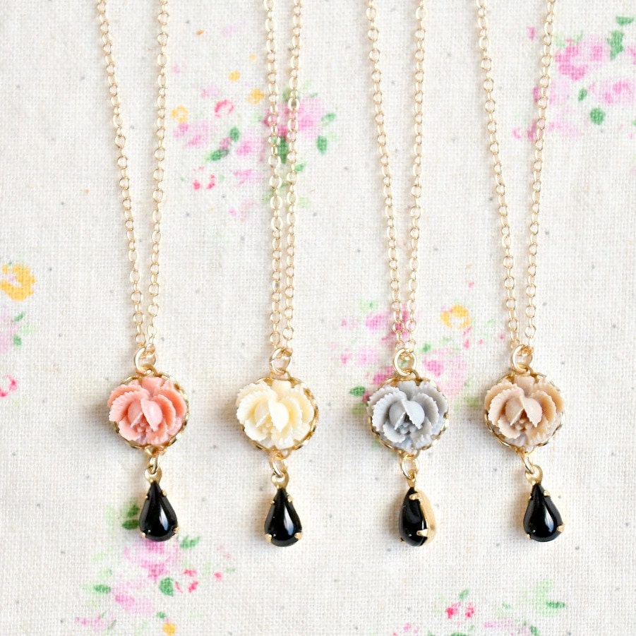 FOUR Little Rose and Black Charm Necklaces -112 Dollars- 14K Gold Filled Chains