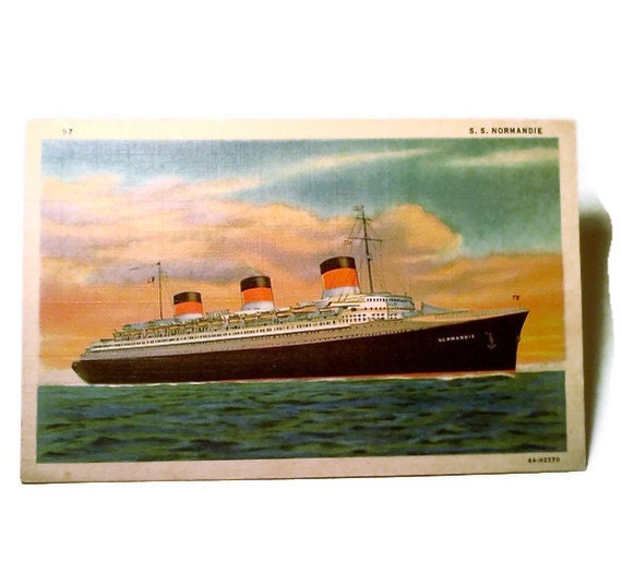 Vintage Linen Postcard C T Art Colortone of S.S. Normandie1940's