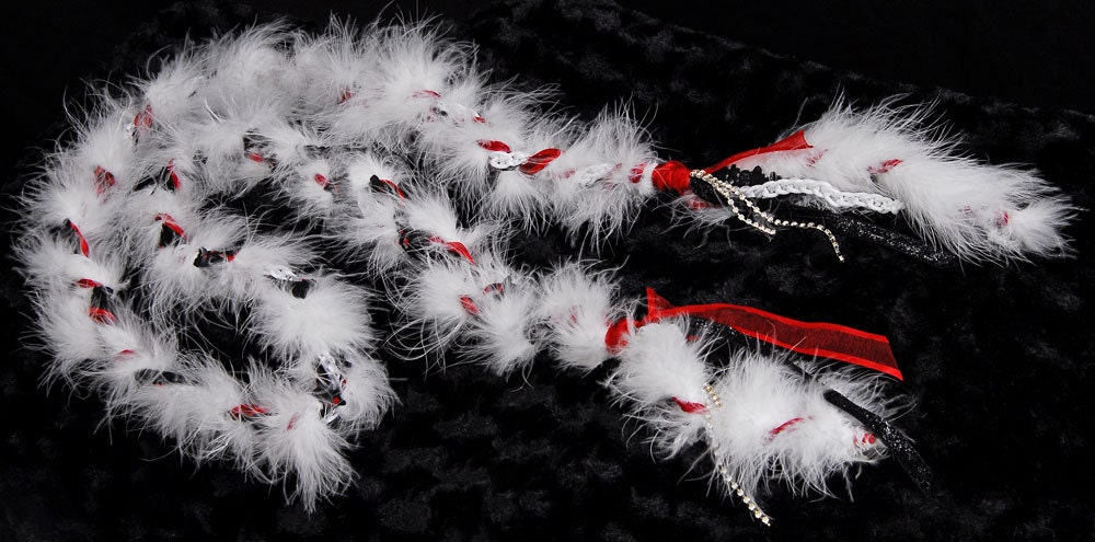Handfasting cord in black, white and red, with marabou trim, white and red satins, organza and diamante trim
