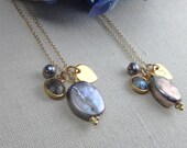 Set of Two Personalized Bezel Set Bridesmaid Necklaces - Labradorite Necklace - Coin Pearl Necklace