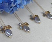 Set of Four Personalized Bridesmaid Necklaces - Bezel Set Labradorite Charm Necklaces - Coin Pearl Necklace