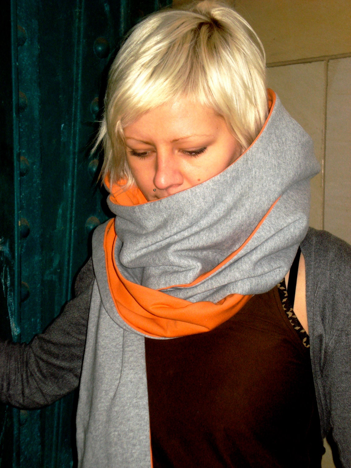hooded scarf "lilane", orange - grey