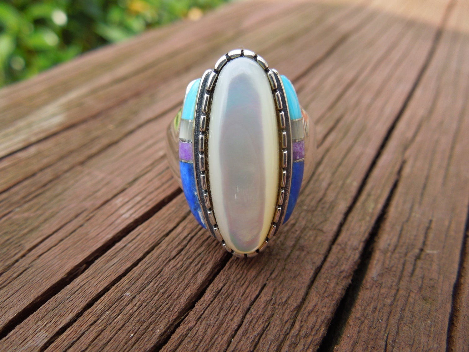 Vintage Silver Ring.  Beautiful Piece, Heavy, Sterling Silver, MOP, Stones, Size 9, Stamped 925