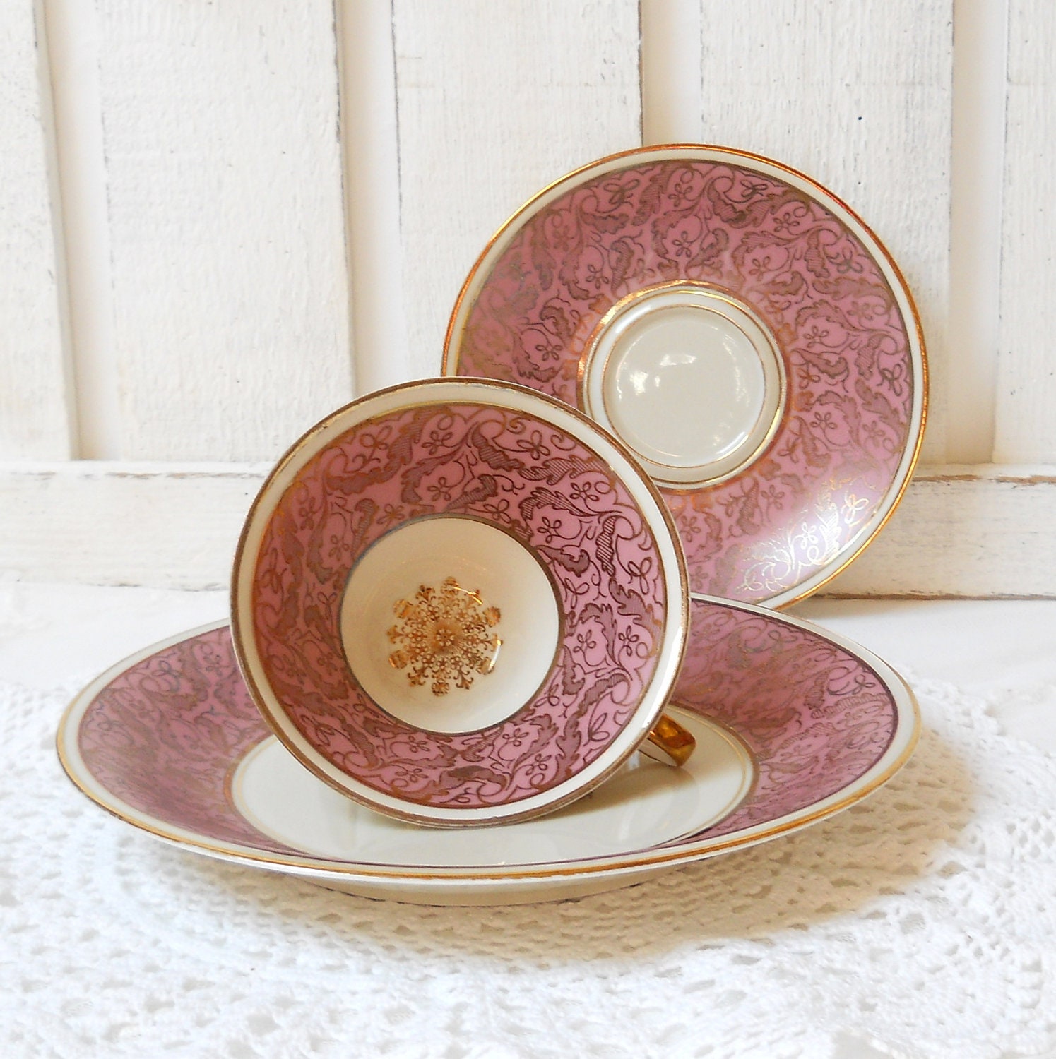 vintage tea cup, tea cup trio set, german porcelain, tea cups, tea trio, german teacup, pink