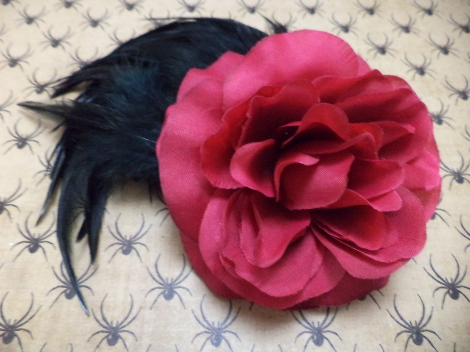 Pink Rose Hair Clip with Black Feathers - Flower, Pin Up Girl, Burlesque, Rockabilly, Spring