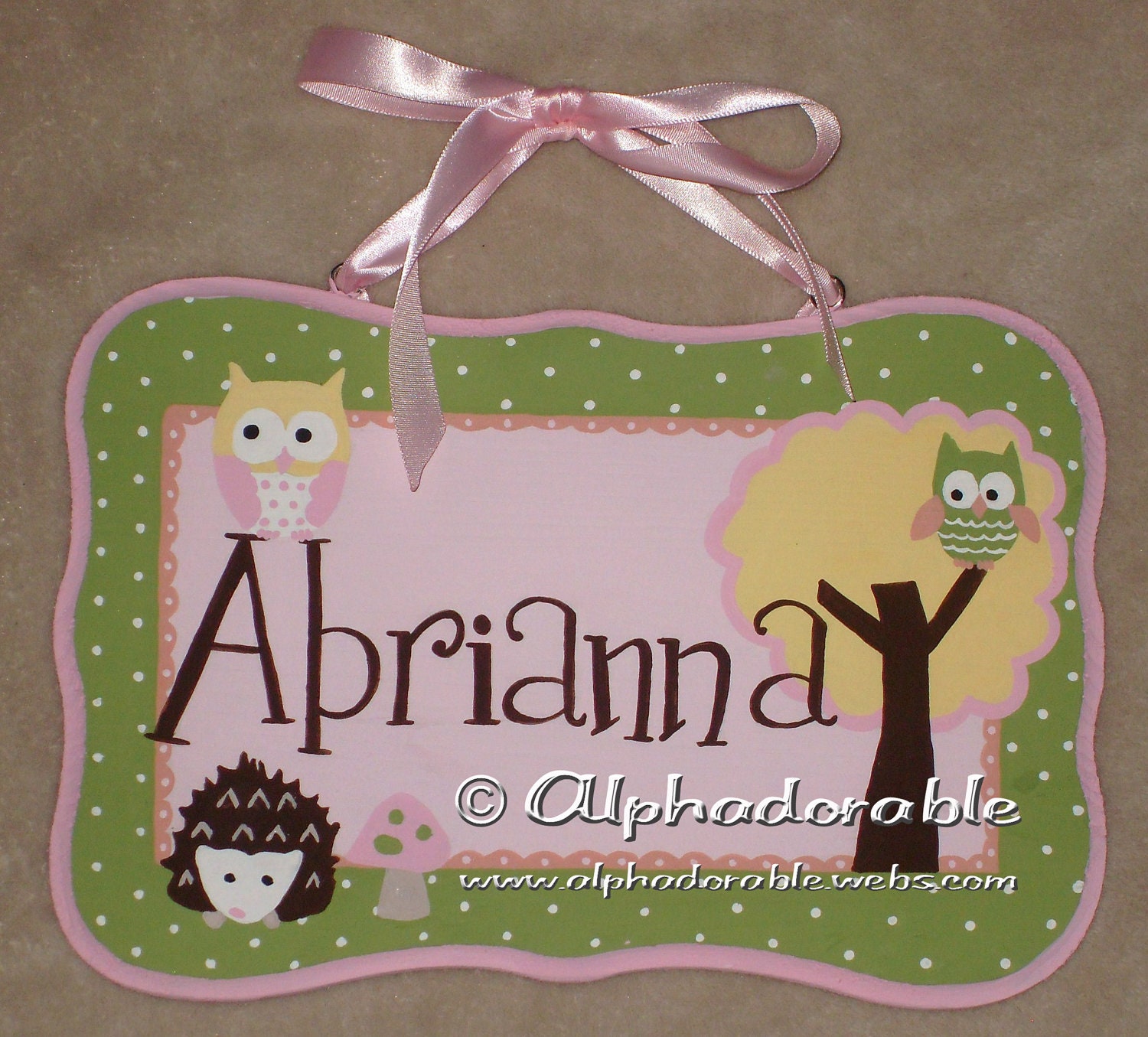 Custom Hand painted wooden  name plaques 6"x10" Target Owl & Hedgehog design